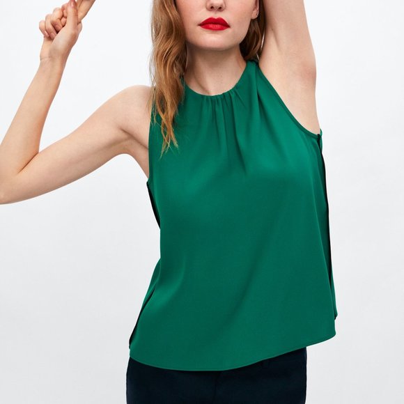 Zara Tops - NWT ZARA Basic Green Side Stripe Key Hole Blouse S